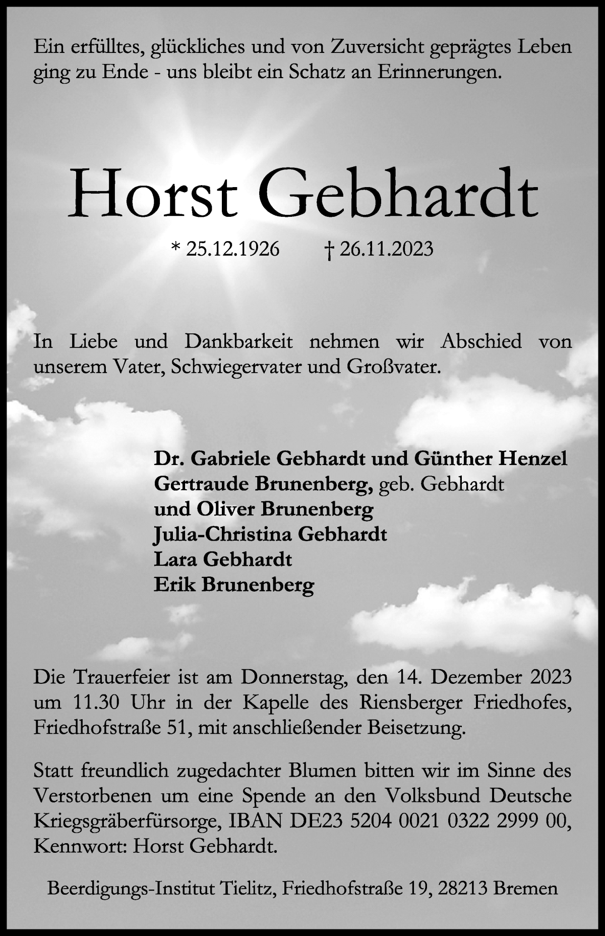Traueranzeige von Horst Gebhardt von WESER-KURIER