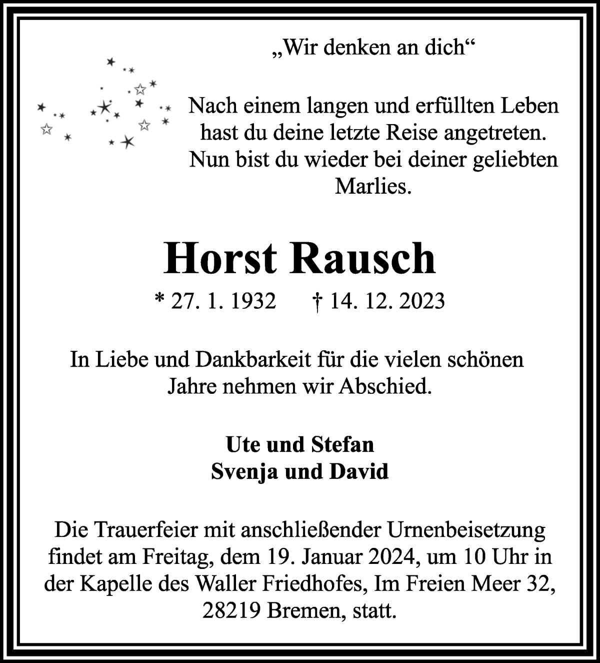 Traueranzeige von Horst Rausch von WESER-KURIER