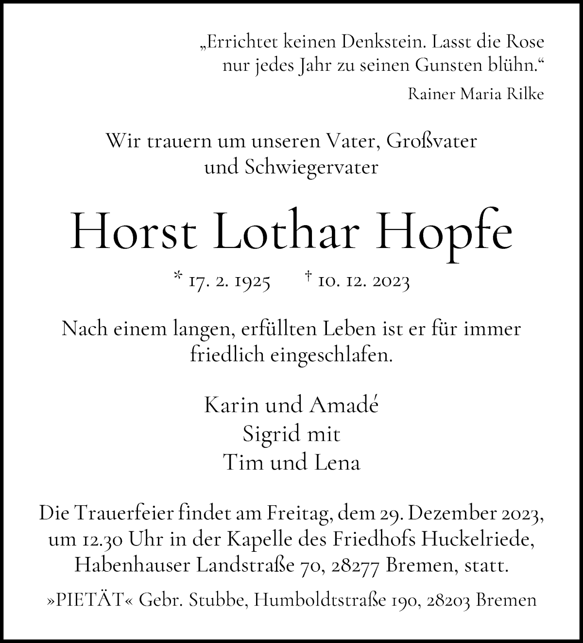 Traueranzeige von Horst Lothar Hopfe von WESER-KURIER