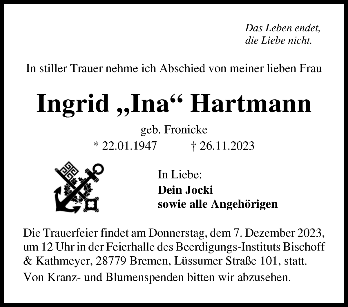 Traueranzeige von Ingrid „Ina“ Hartmann von Die Norddeutsche