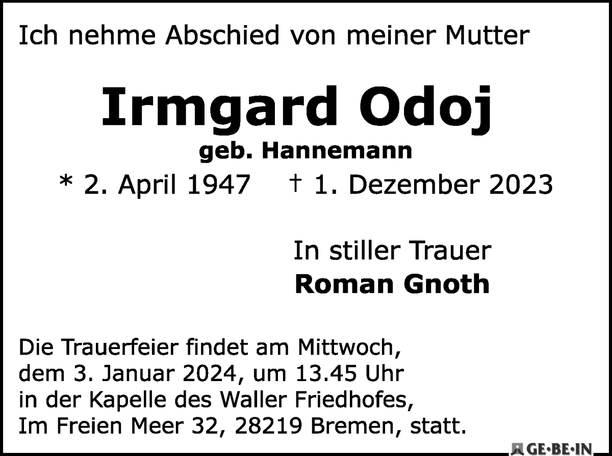 Traueranzeige von Irmgrad Odoj von WESER-KURIER