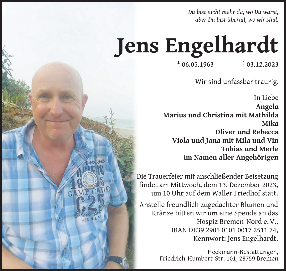  Traueranzeige für Jens Engelhardt vom 09.12.2023 aus WESER-KURIER