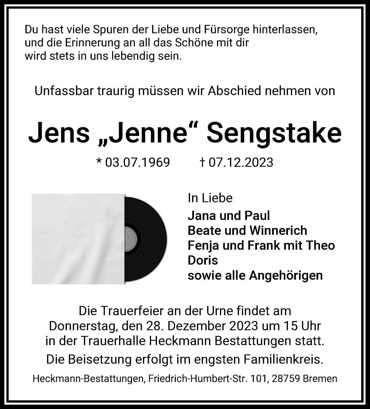  Traueranzeige für Jens Jenne Sengstake vom 16.12.2023 aus Die Norddeutsche
