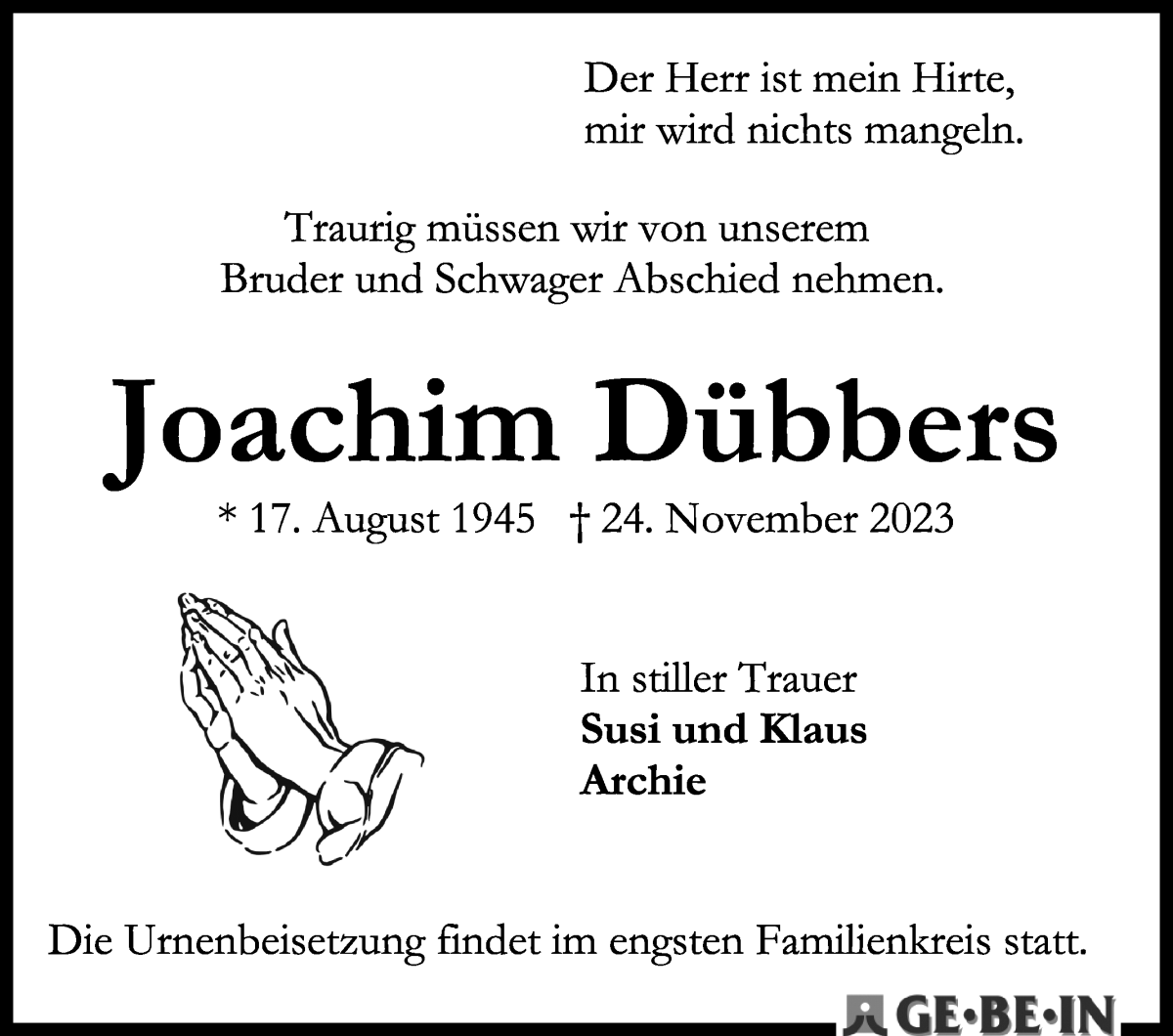 Traueranzeige von Joachim Dübbers von WESER-KURIER