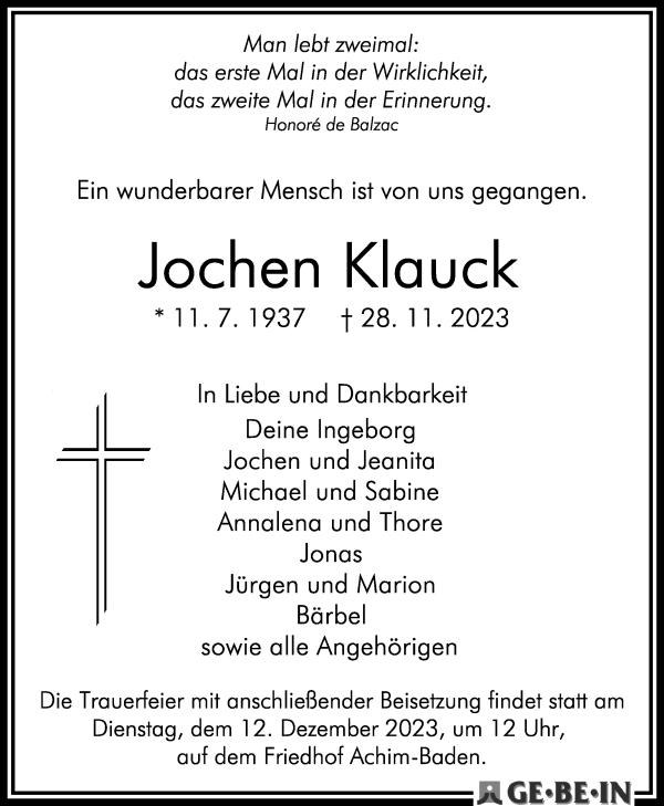 Traueranzeige von Joachim Klauck von WESER-KURIER