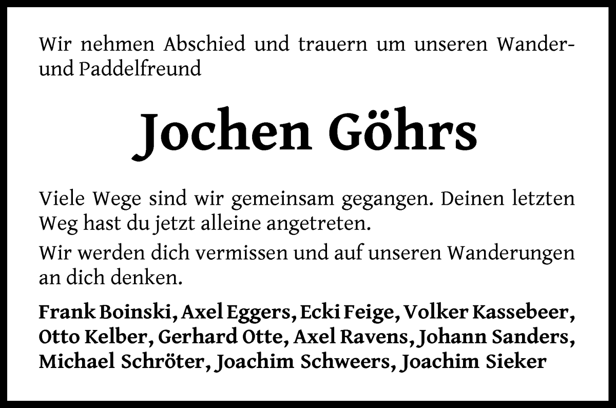 Traueranzeige von Jochen Göhrs von Achimer Kurier/Verdener Nachrichten