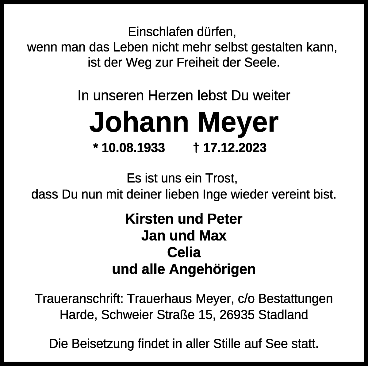 Traueranzeigen Von Johann Meyer | Trauer & Gedenken