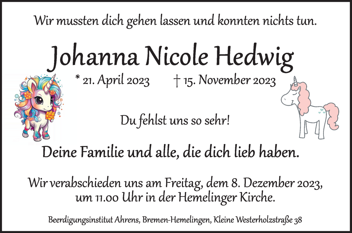  Traueranzeige für Johanna Nicole Hedwig vom 02.12.2023 aus WESER-KURIER