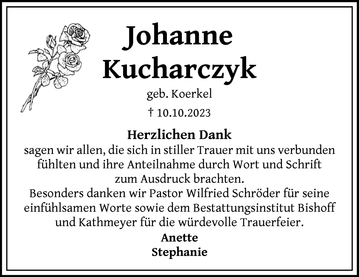 Traueranzeige von Johanne Kucharczyk von Die Norddeutsche