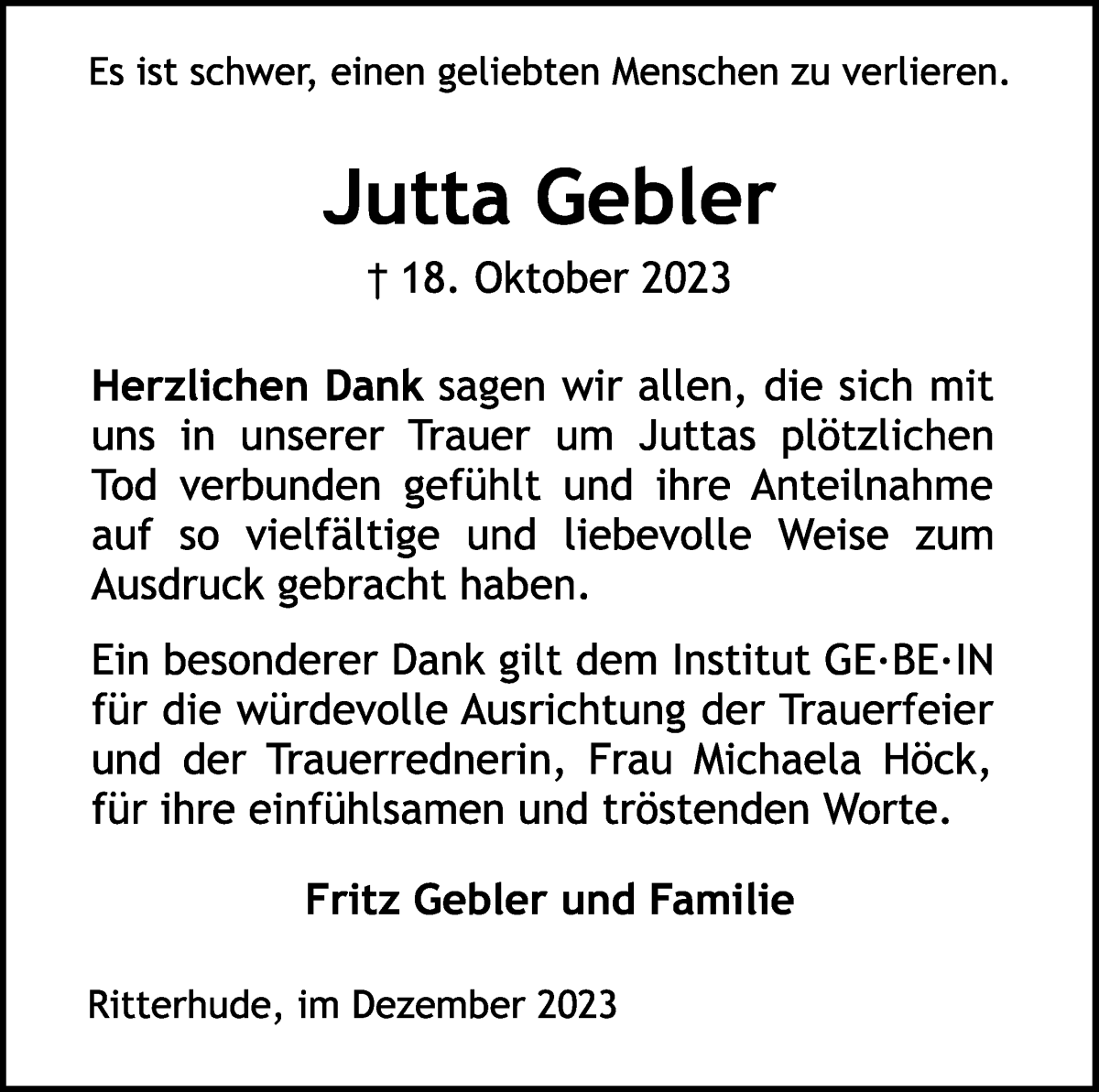 Traueranzeige von Jutta Gebler von WESER-KURIER