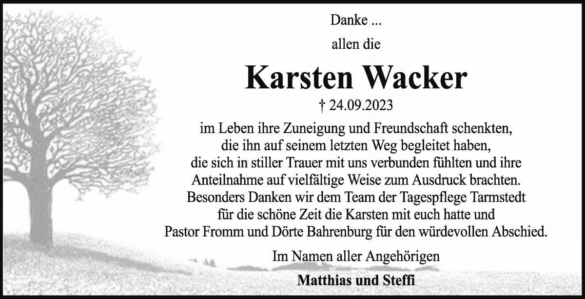 Traueranzeige von Karsten Wacker von Wuemme Zeitung