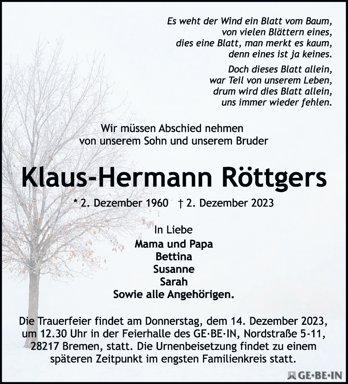 Traueranzeige von Klaus-Hermann Röttgers von WESER-KURIER