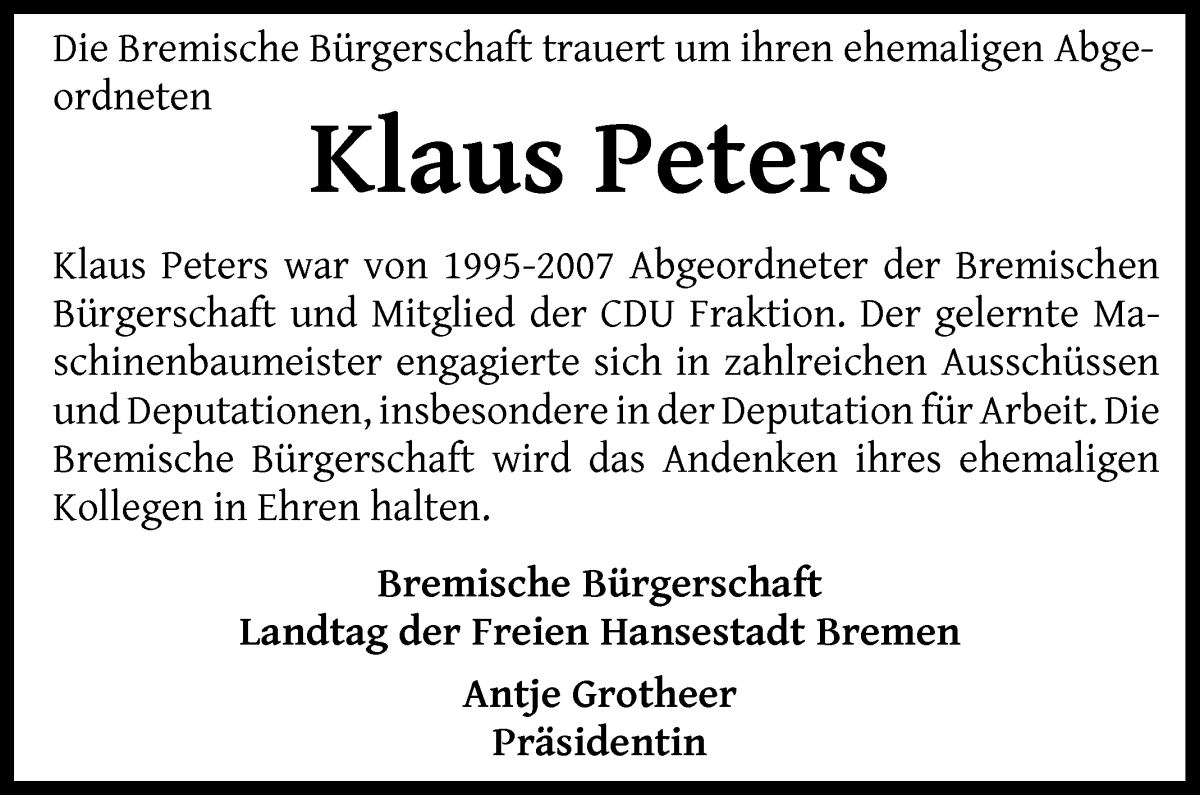 Traueranzeige von Klaus Peters von WESER-KURIER