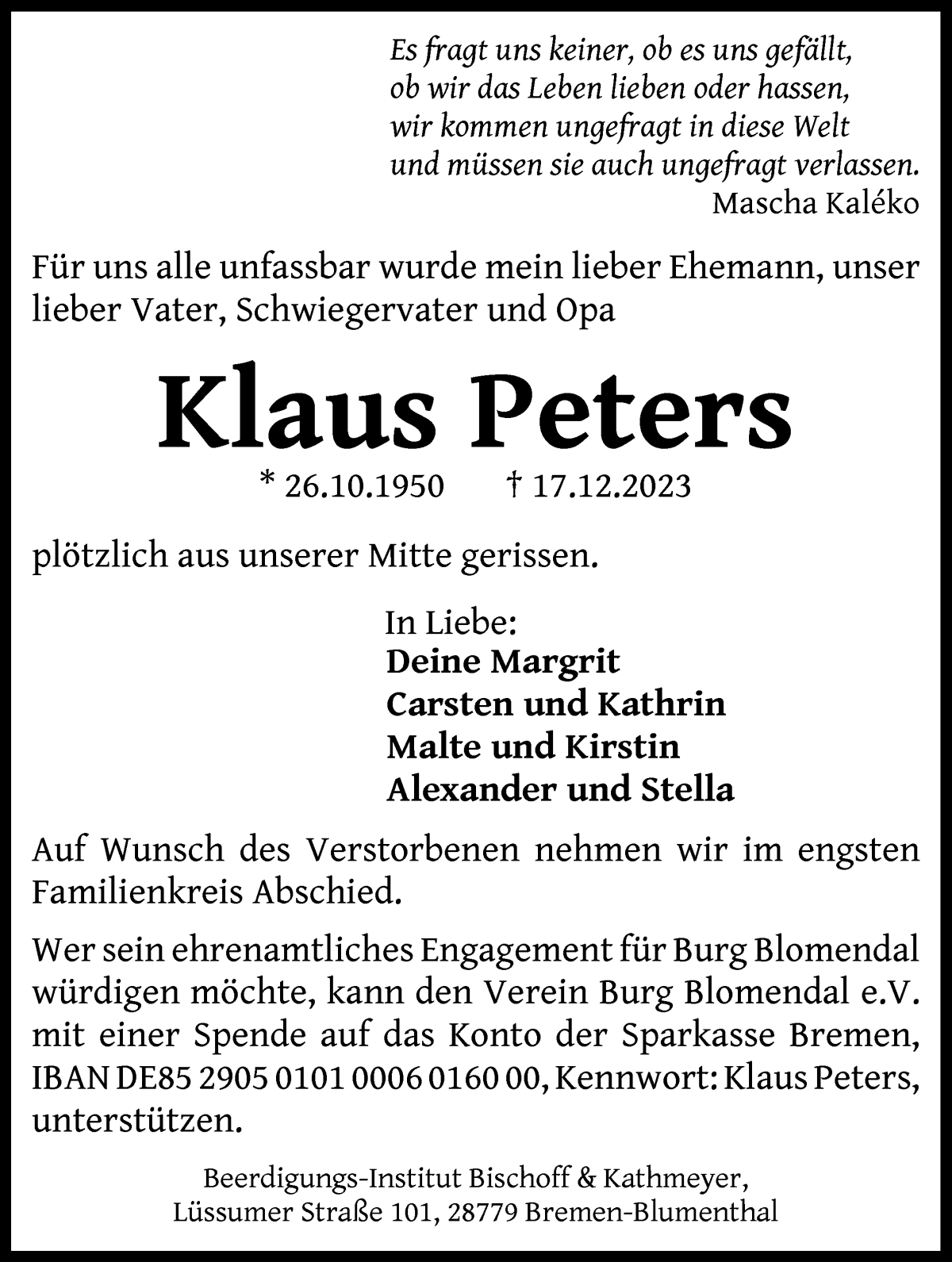 Traueranzeige für Klaus Peters vom 23.12.2023 aus Die Norddeutsche
