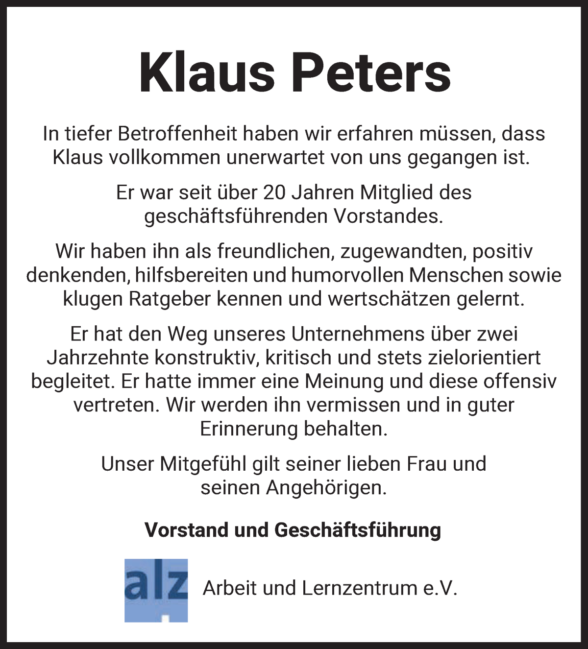 Traueranzeige von Klaus Peters von Die Norddeutsche