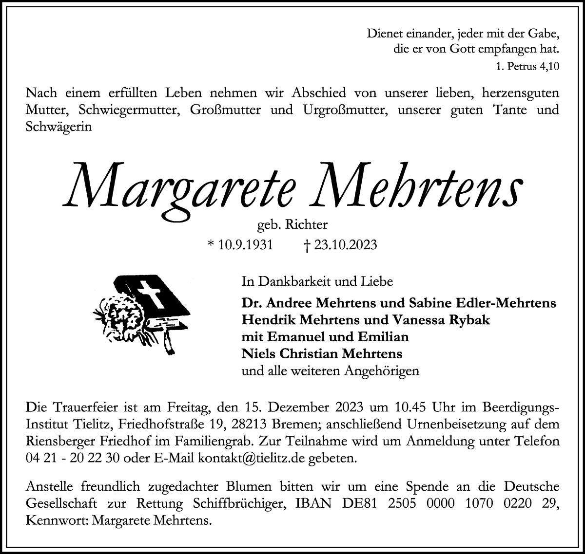 Traueranzeige von Margarete Mehrtens von WESER-KURIER