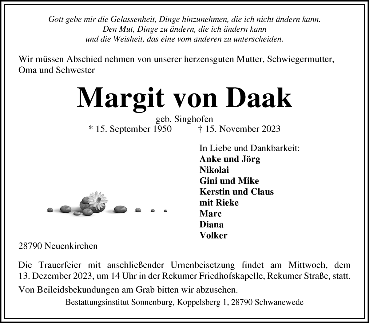 Traueranzeige von Margit von Daak von Die Norddeutsche