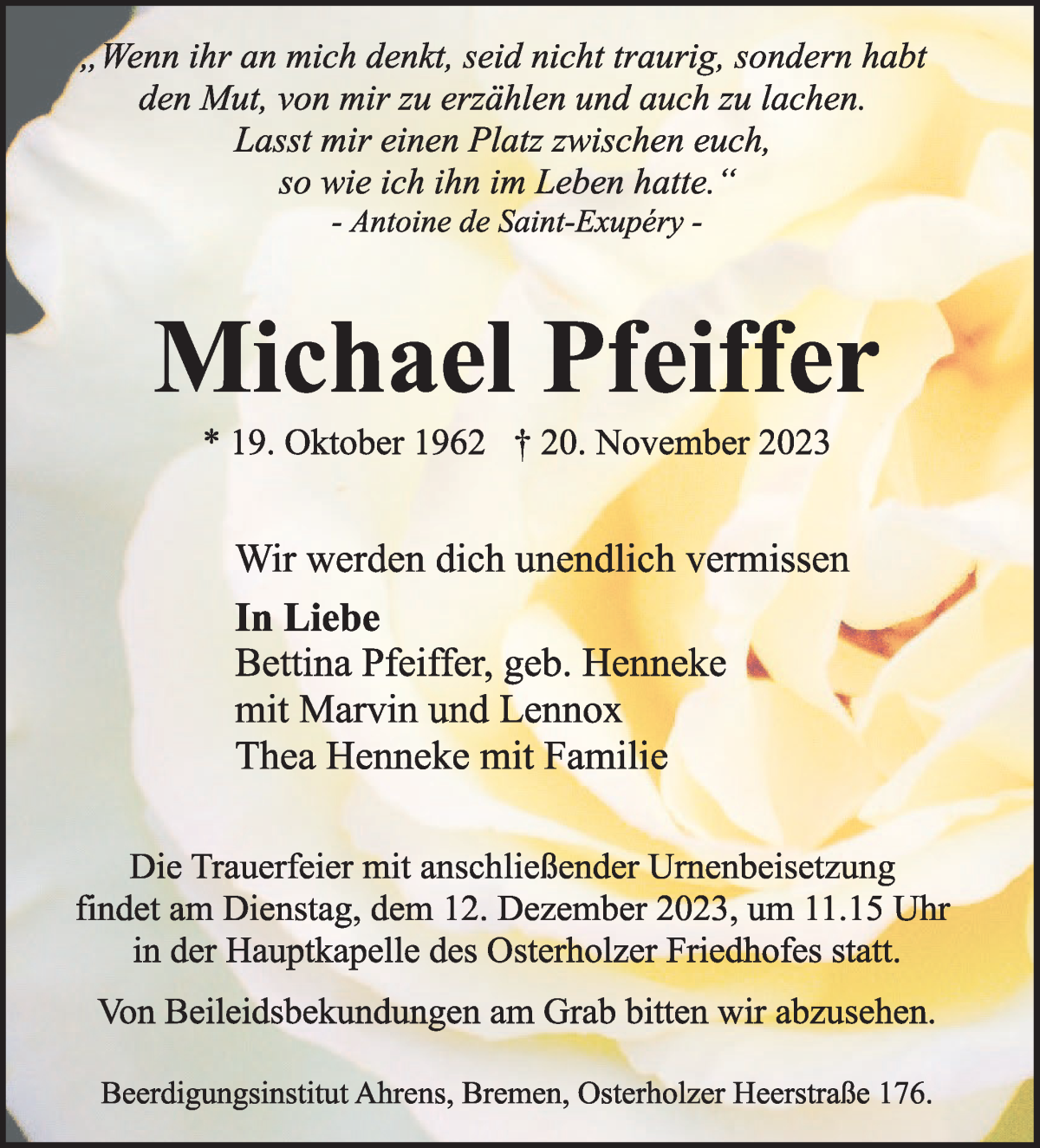  Traueranzeige für Michael Pfeiffer vom 02.12.2023 aus WESER-KURIER