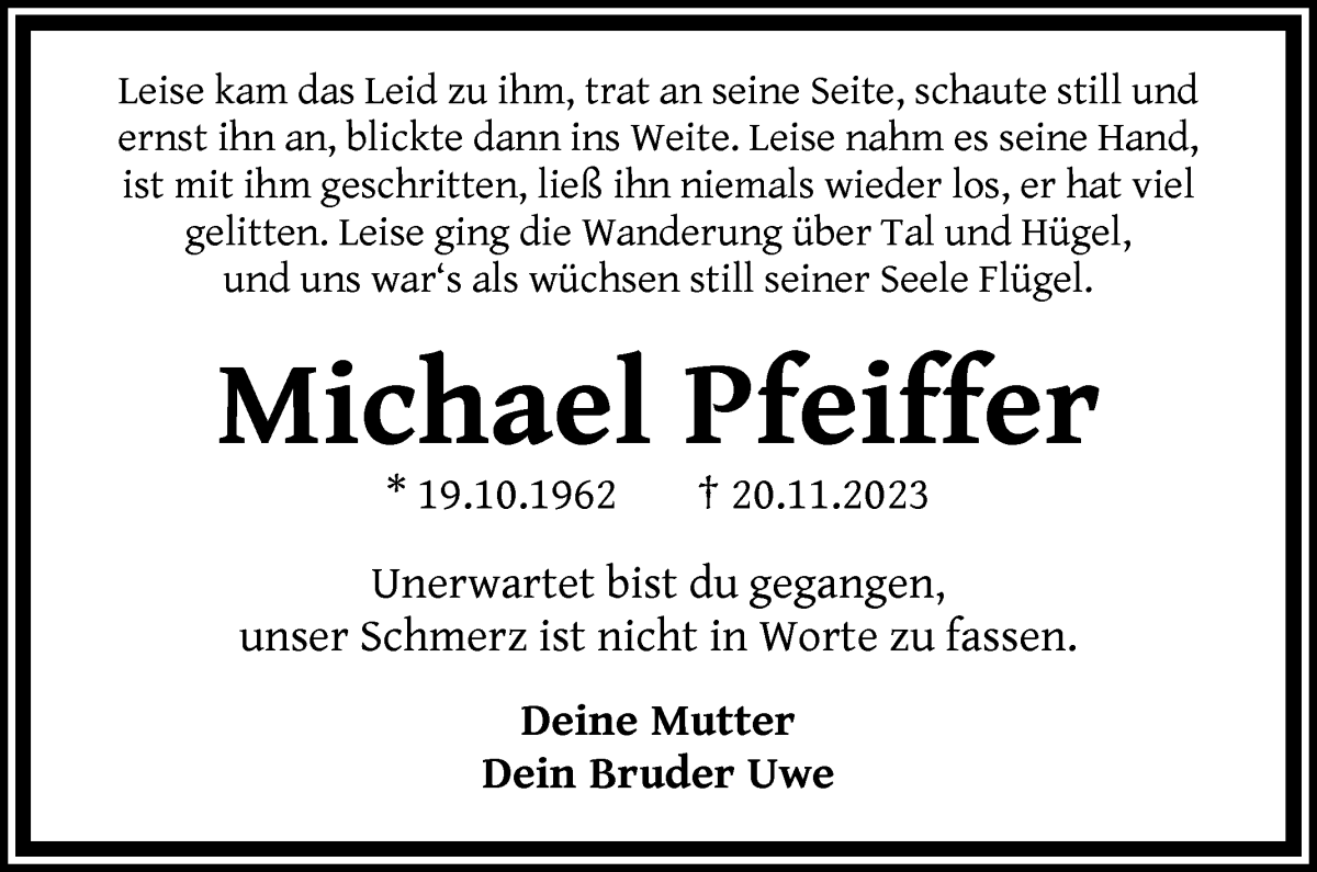  Traueranzeige für Michael Pfeiffer vom 02.12.2023 aus WESER-KURIER