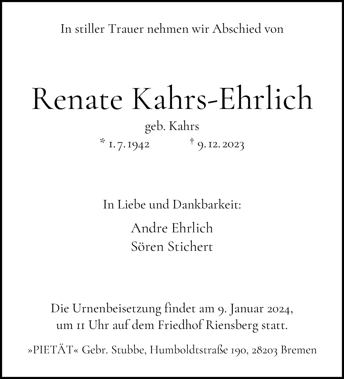 Traueranzeige von Renate Kahrs-Ehrlich von WESER-KURIER