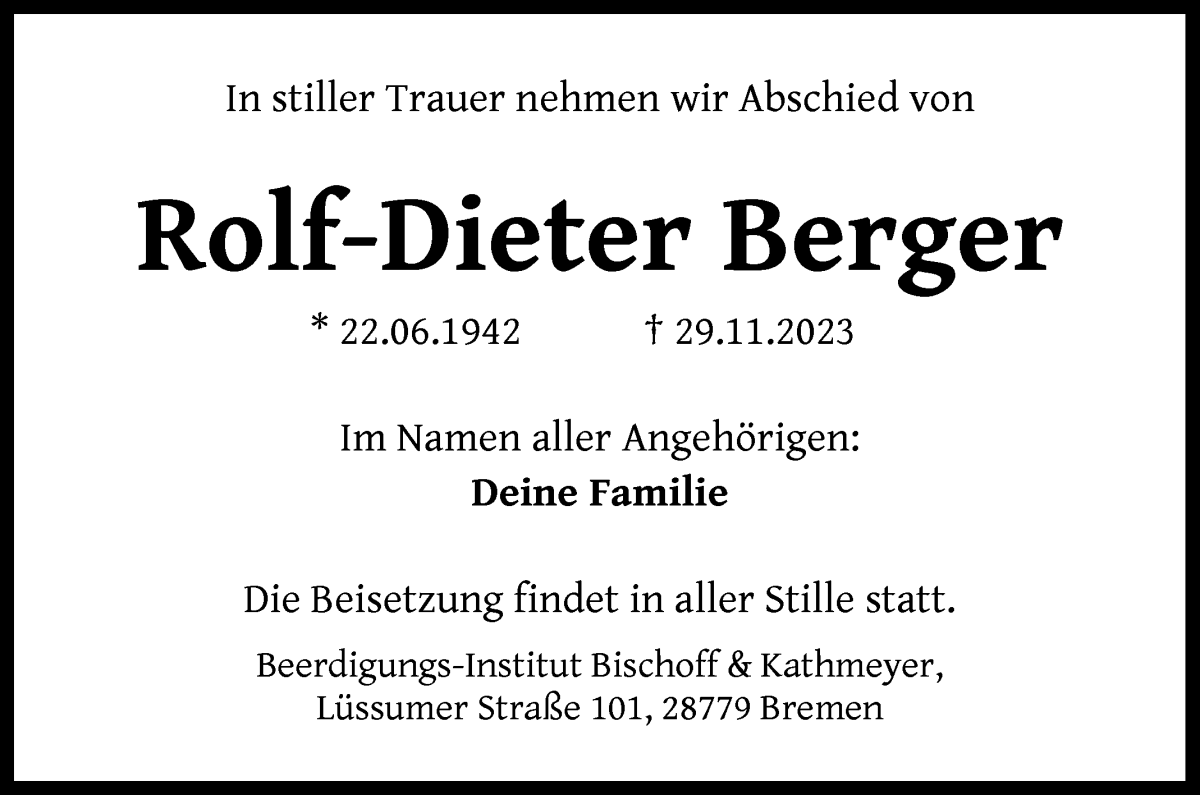 Traueranzeige von Rolf-Dieter Berger von Die Norddeutsche