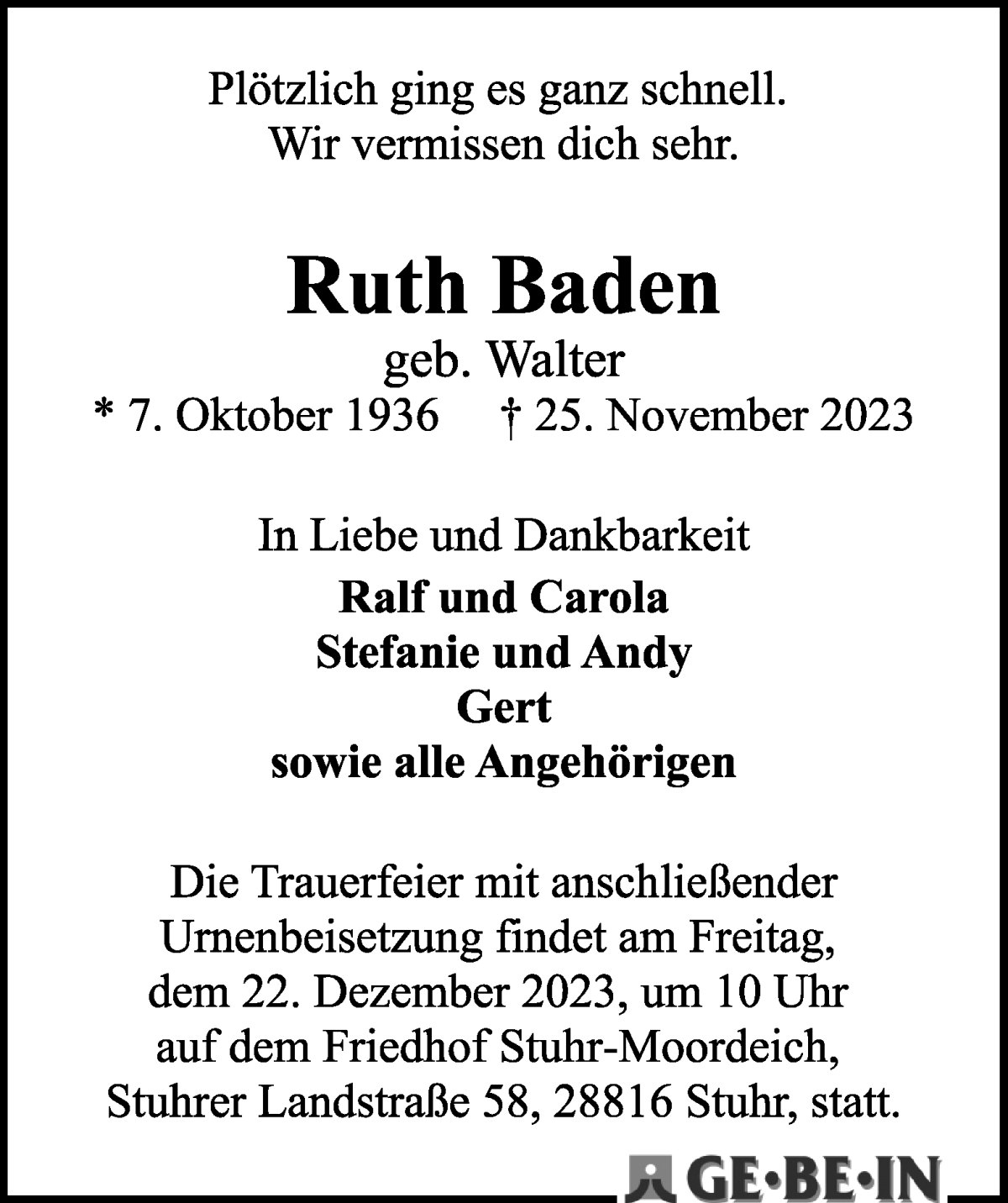 Traueranzeige von Ruth Baden von WESER-KURIER
