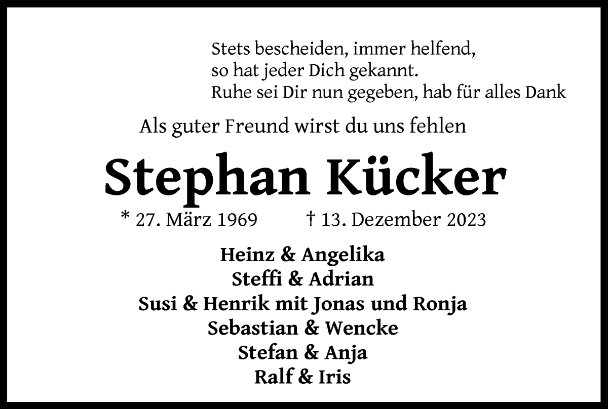  Traueranzeige für Stephan Kücker vom 23.12.2023 aus WESER-KURIER