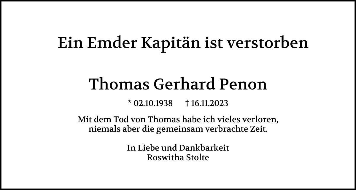Traueranzeige von Thomas Gerhard Penon von WESER-KURIER
