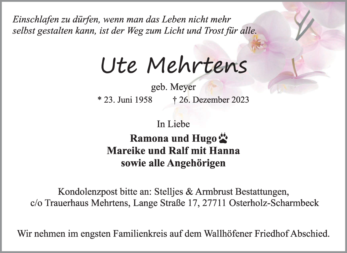  Traueranzeige für Ute Mehrtens vom 30.12.2023 aus Osterholzer Kreisblatt