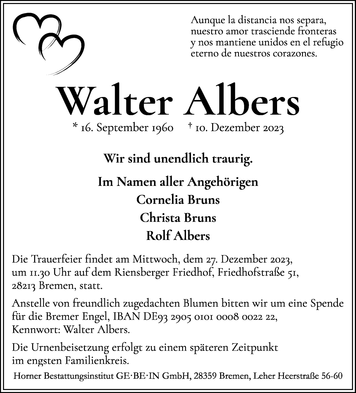 Traueranzeige von Walters Albers von WESER-KURIER