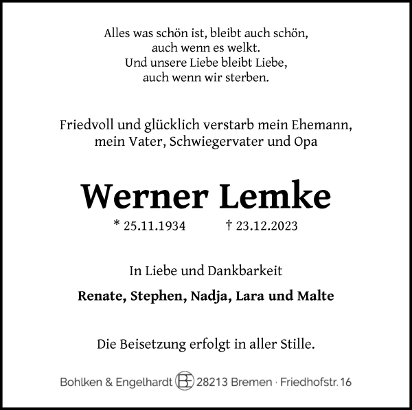 Traueranzeige von Werner Lemke