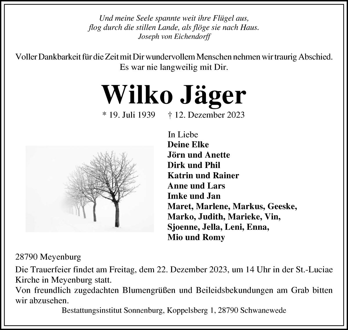  Traueranzeige für Wilko Jäger vom 16.12.2023 aus Die Norddeutsche