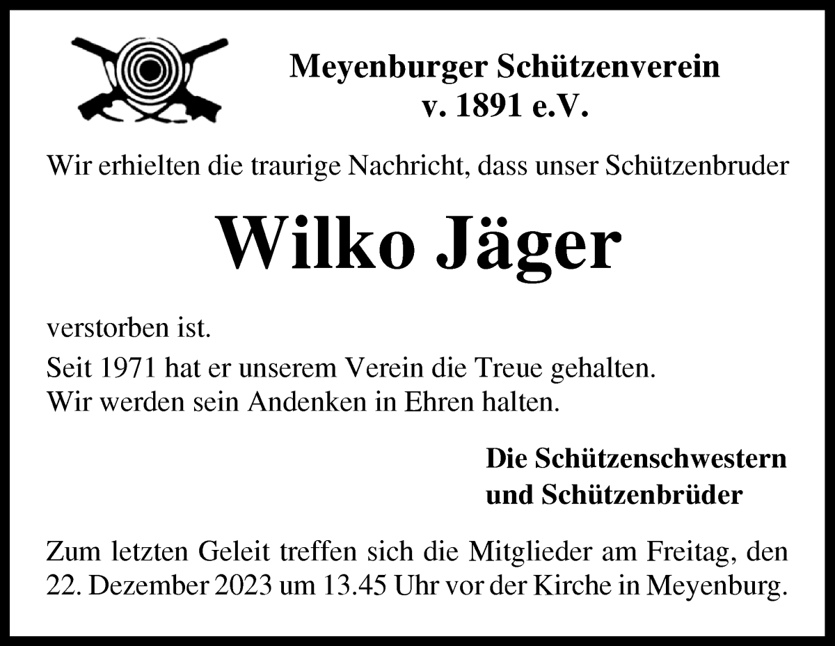  Traueranzeige für Wilko Jäger vom 19.12.2023 aus Die Norddeutsche
