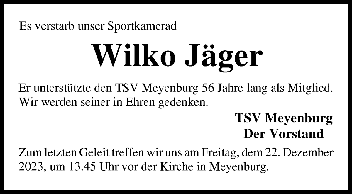  Traueranzeige für Wilko Jäger vom 20.12.2023 aus Die Norddeutsche