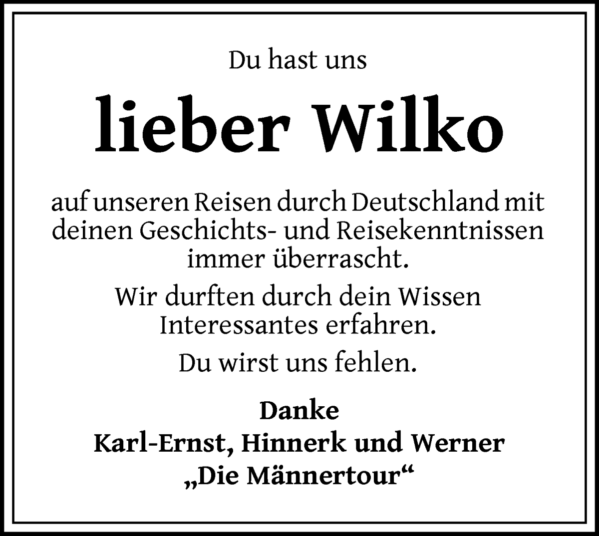  Traueranzeige für Wilko Jäger vom 20.12.2023 aus Die Norddeutsche