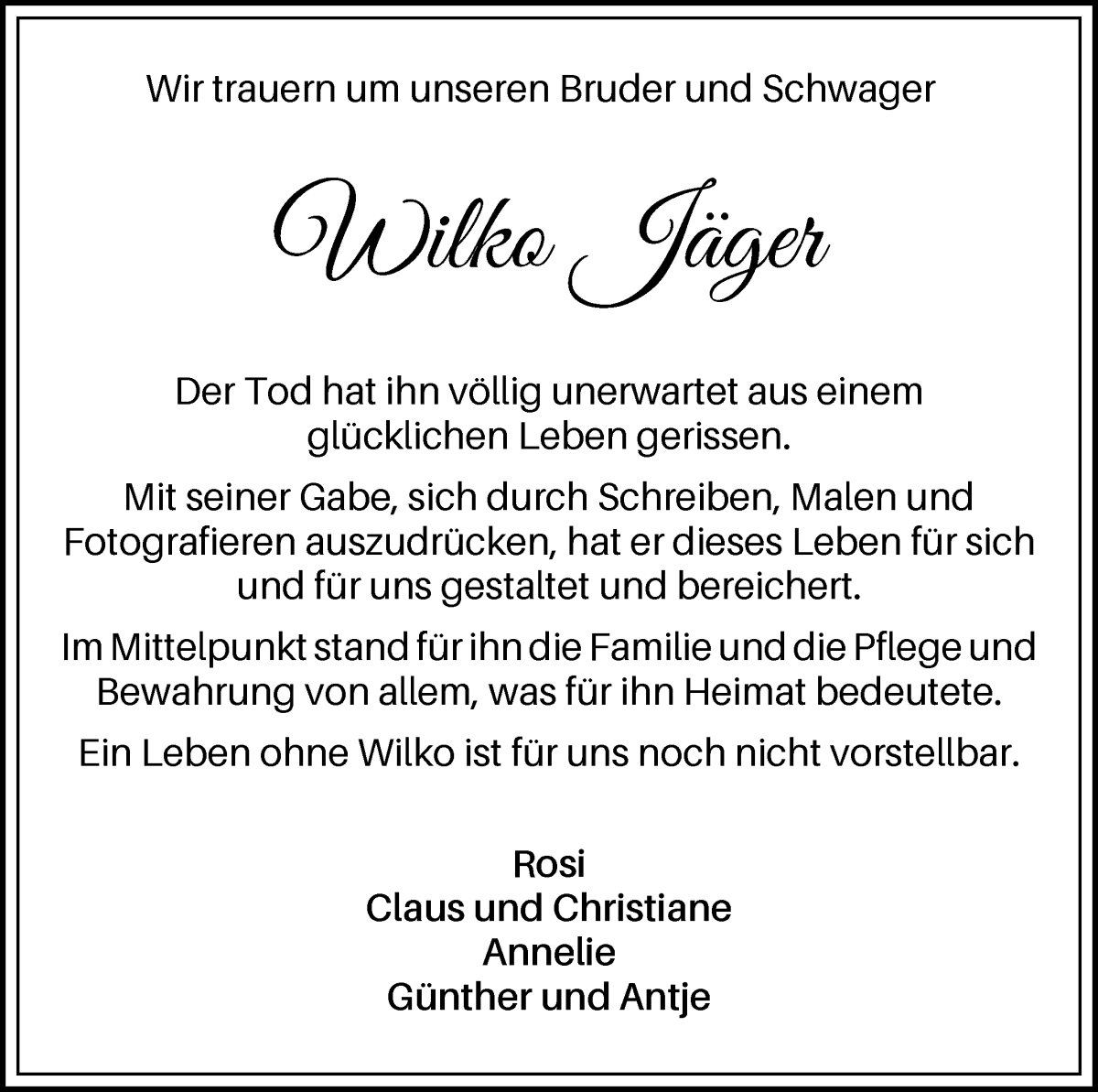  Traueranzeige für Wilko Jäger vom 16.12.2023 aus Osterholzer Kreisblatt