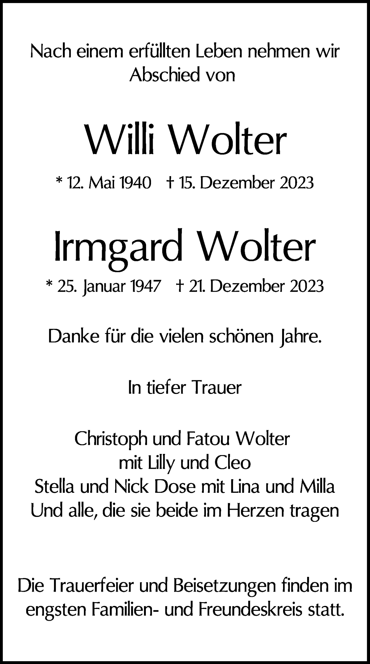Traueranzeige von Willi und Irmgard Wolter von WESER-KURIER