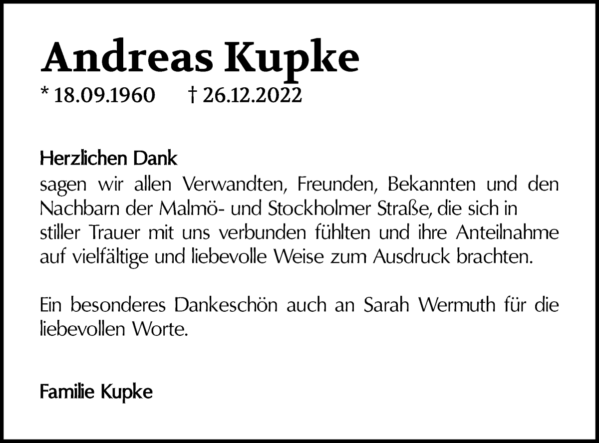 Traueranzeige von Andreas Kupke von Die Norddeutsche