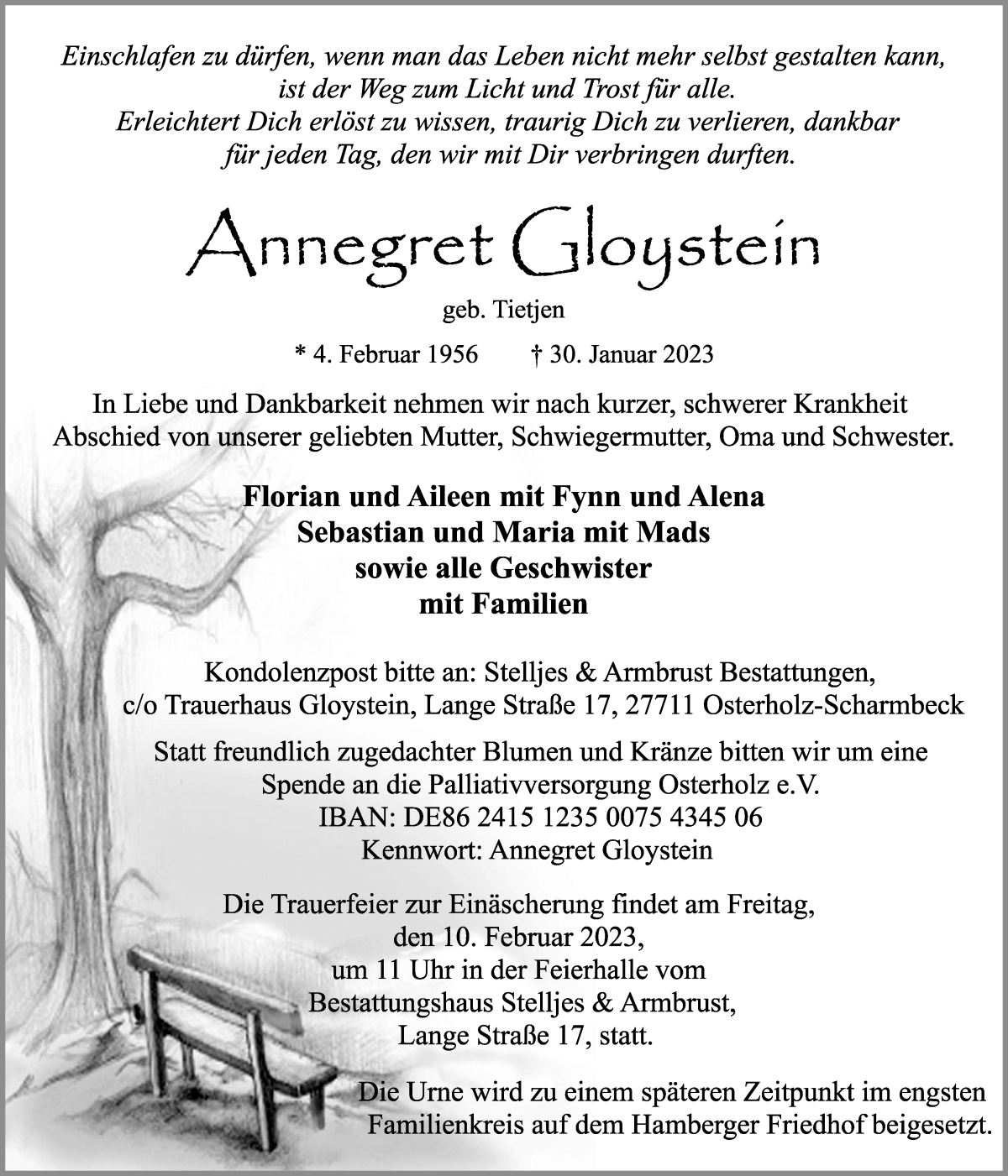Traueranzeige von Annegret Gloystein von Osterholzer Kreisblatt