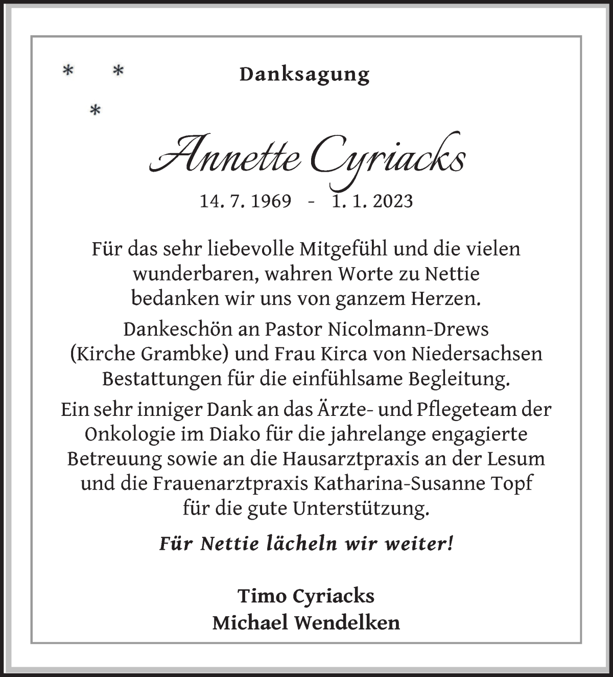  Traueranzeige für Annette Cyriacks vom 11.02.2023 aus WESER-KURIER