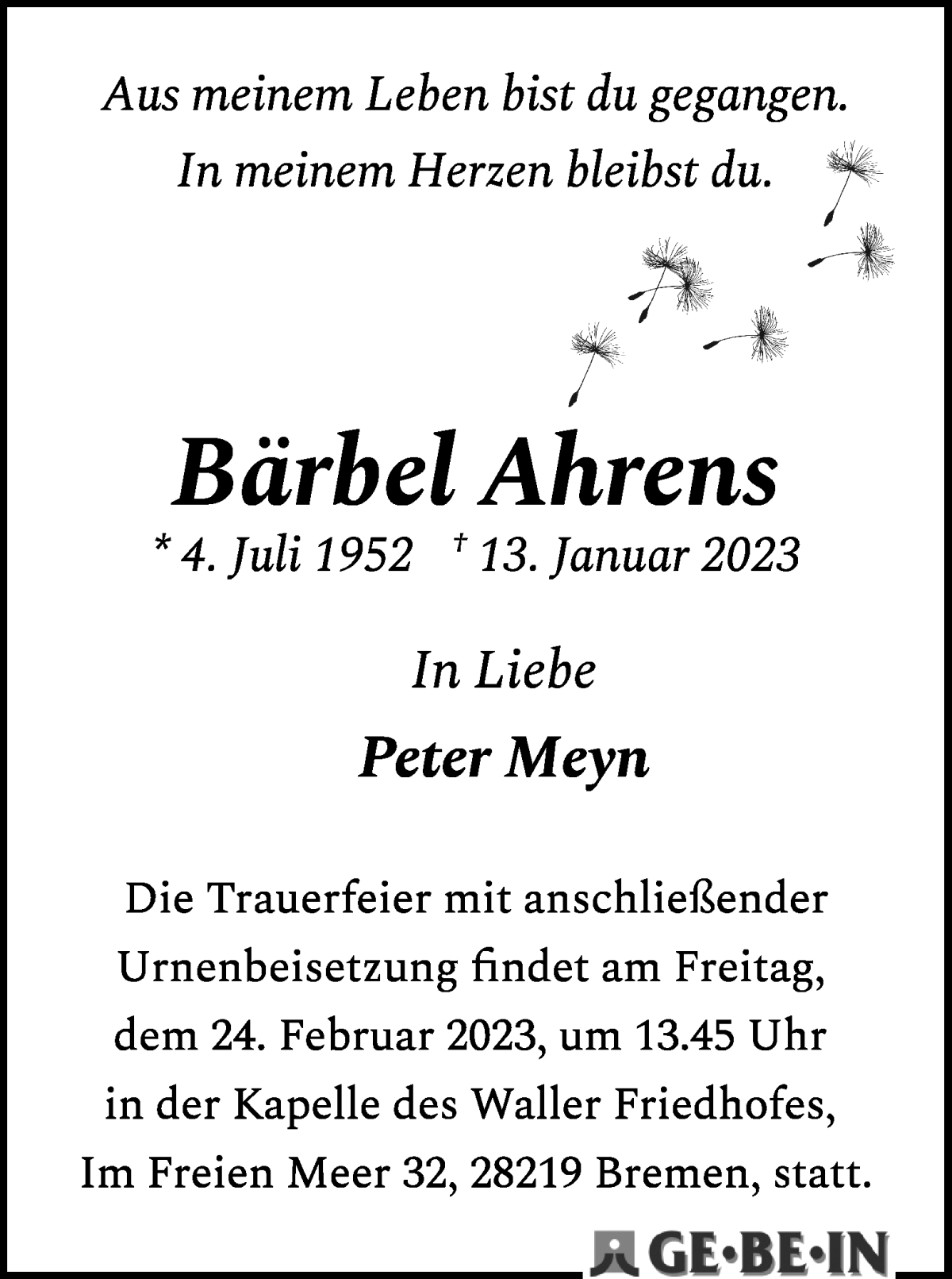  Traueranzeige für Bärbel Ahrens vom 04.02.2023 aus WESER-KURIER