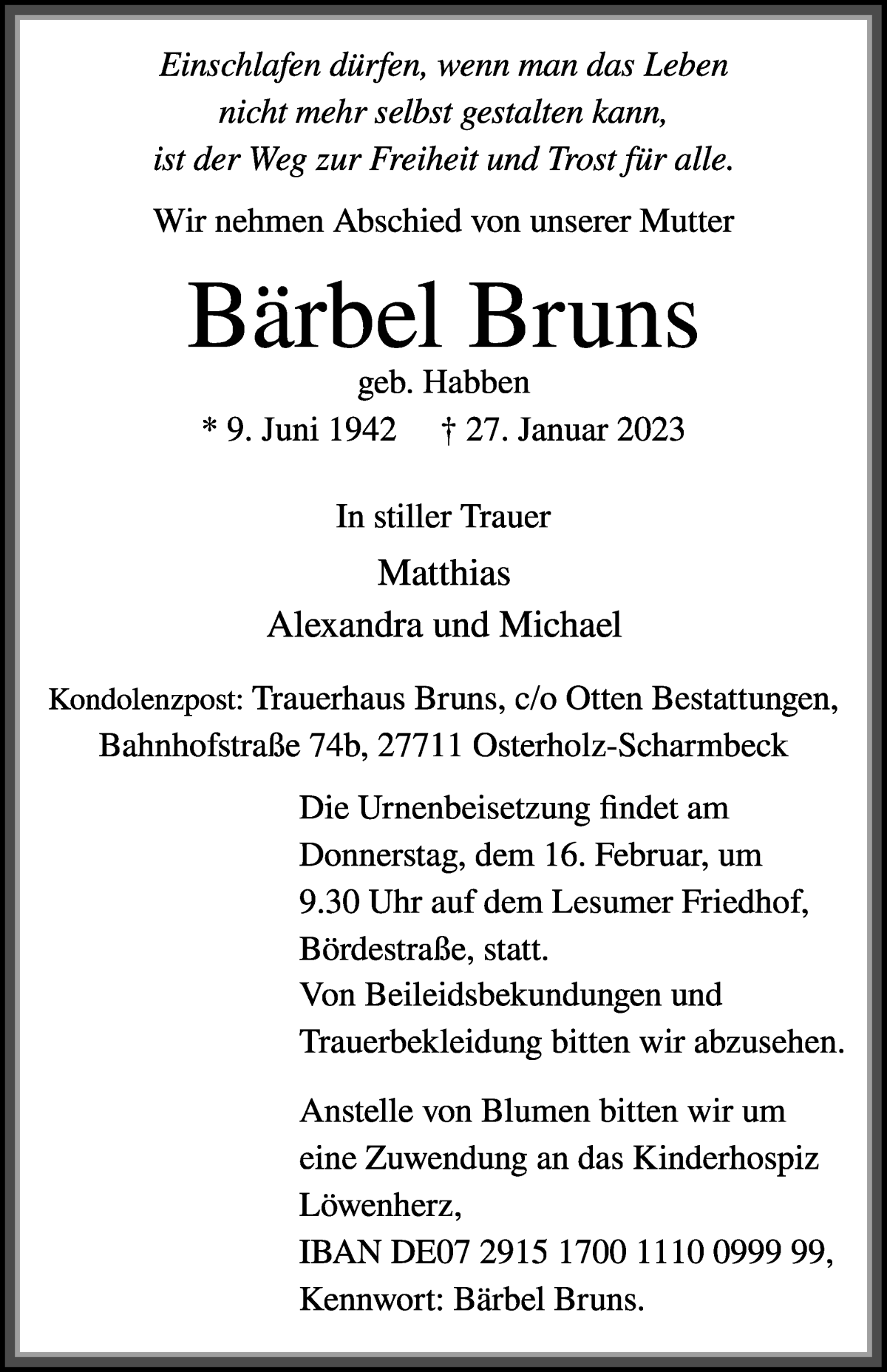 Traueranzeige von Bärbel Bruns von Die Norddeutsche
