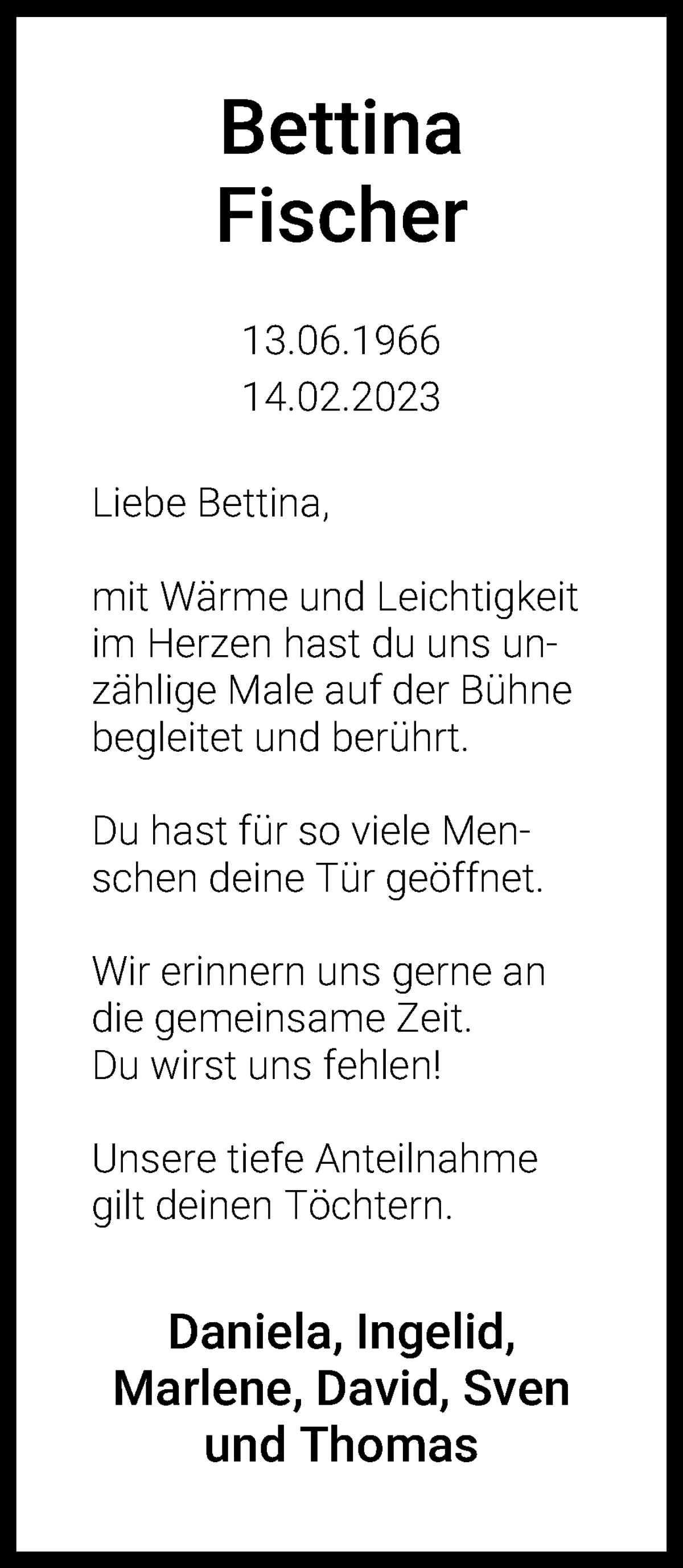  Traueranzeige für Bettina Fischer vom 25.02.2023 aus WESER-KURIER