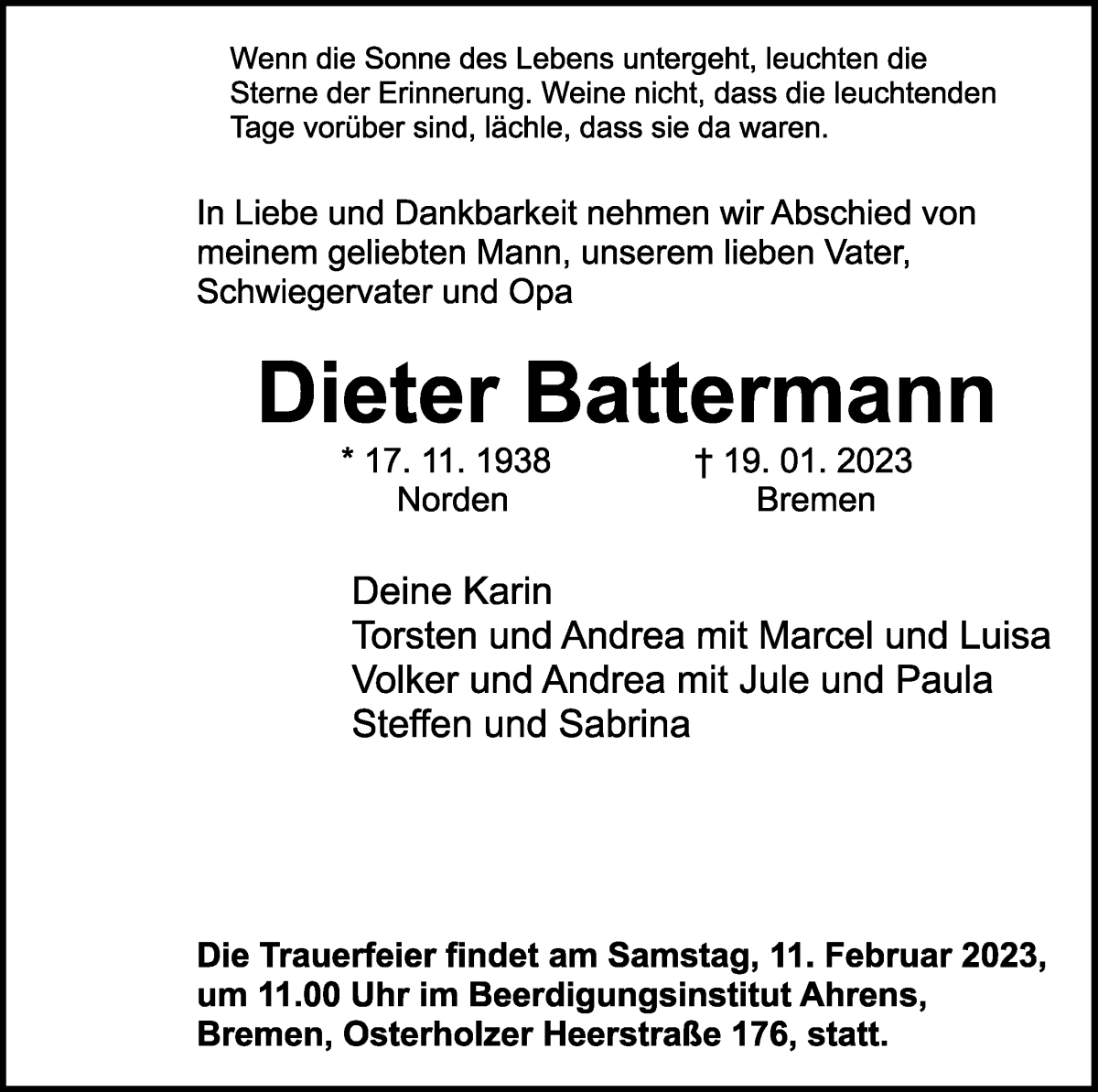  Traueranzeige für Dieter Battermann vom 04.02.2023 aus WESER-KURIER
