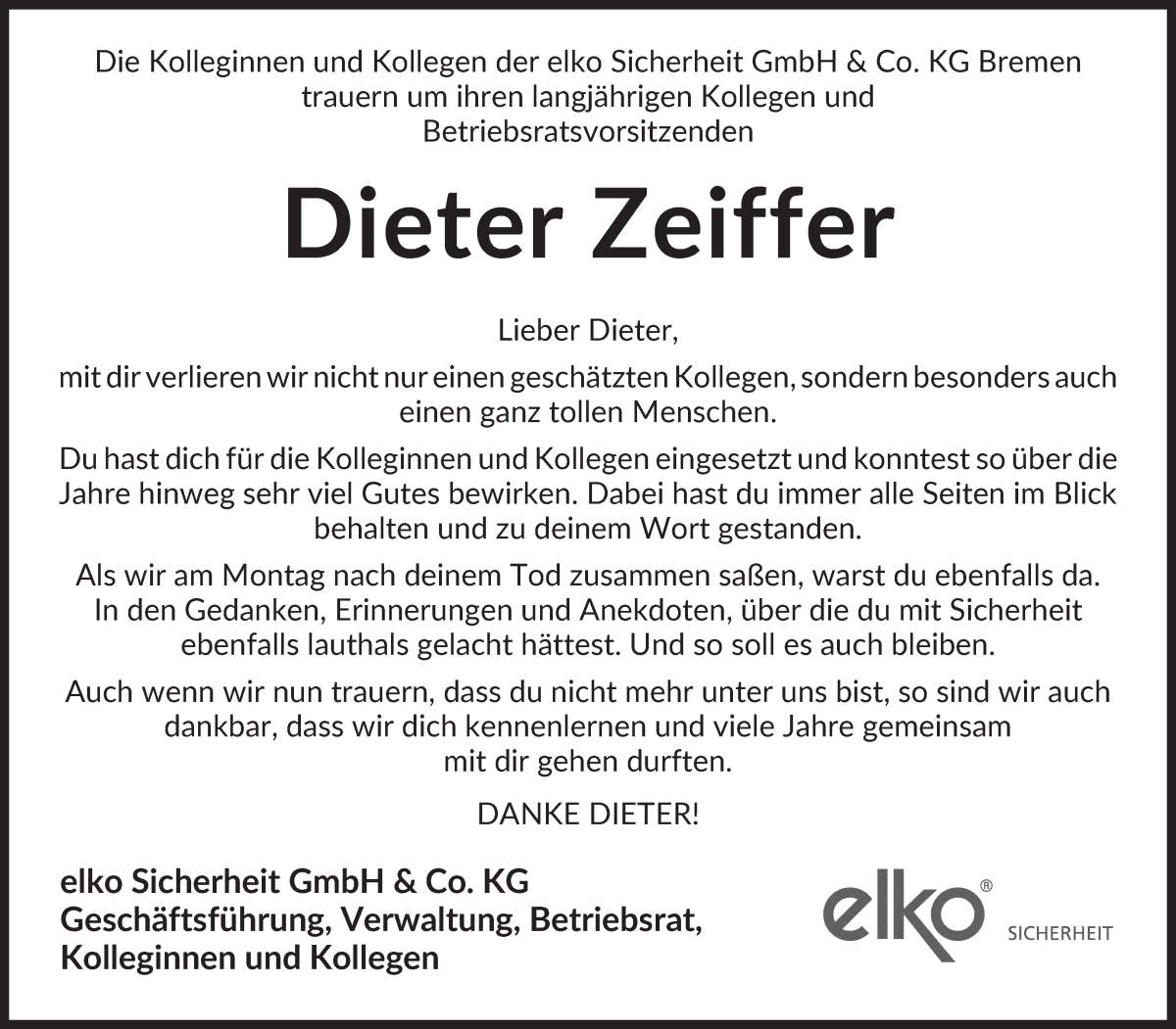  Traueranzeige für Dieter Zeiffer vom 18.02.2023 aus WESER-KURIER