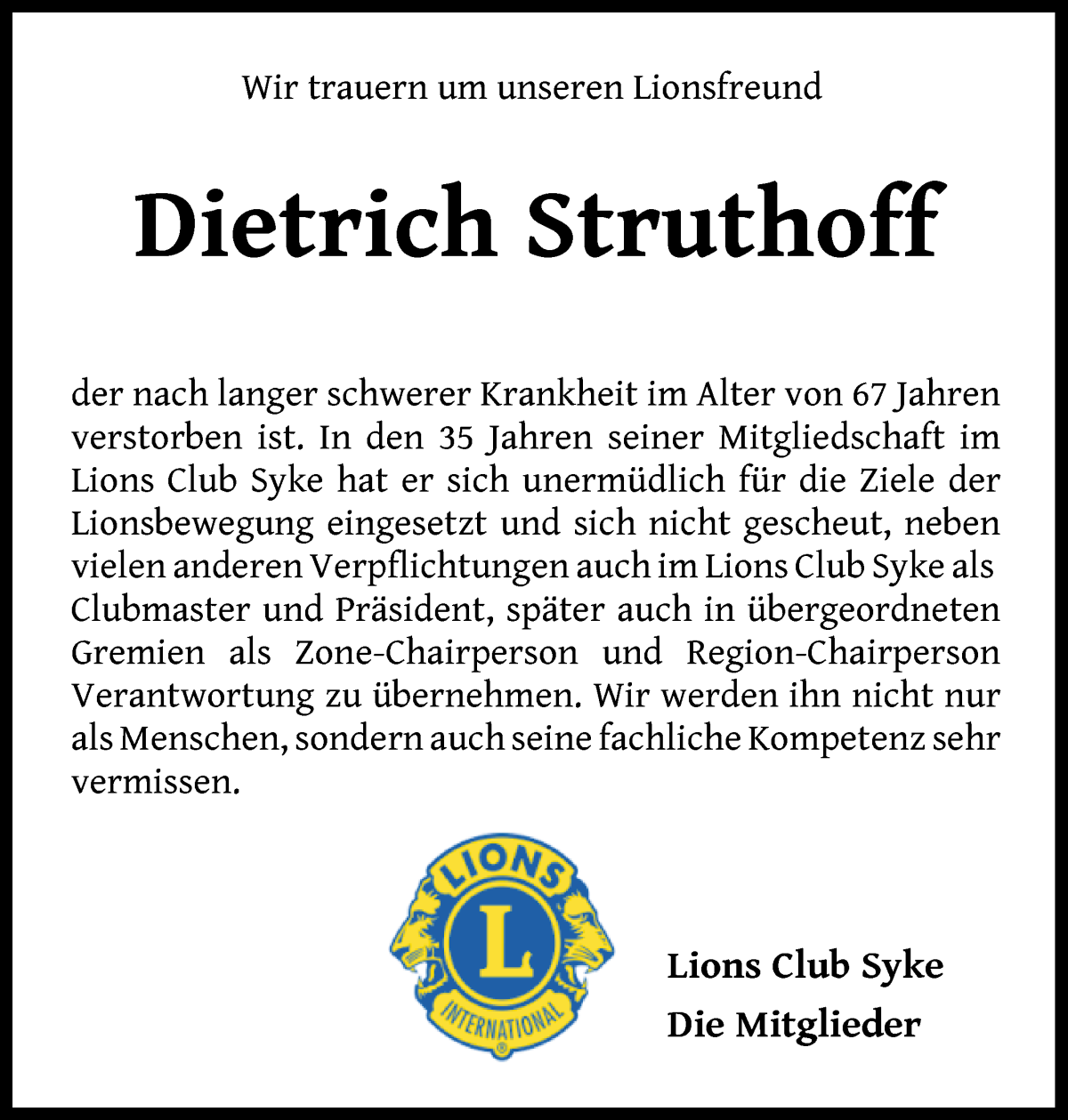 Traueranzeige von Dietrich Struthoff von Regionale Rundschau/Syker Kurier