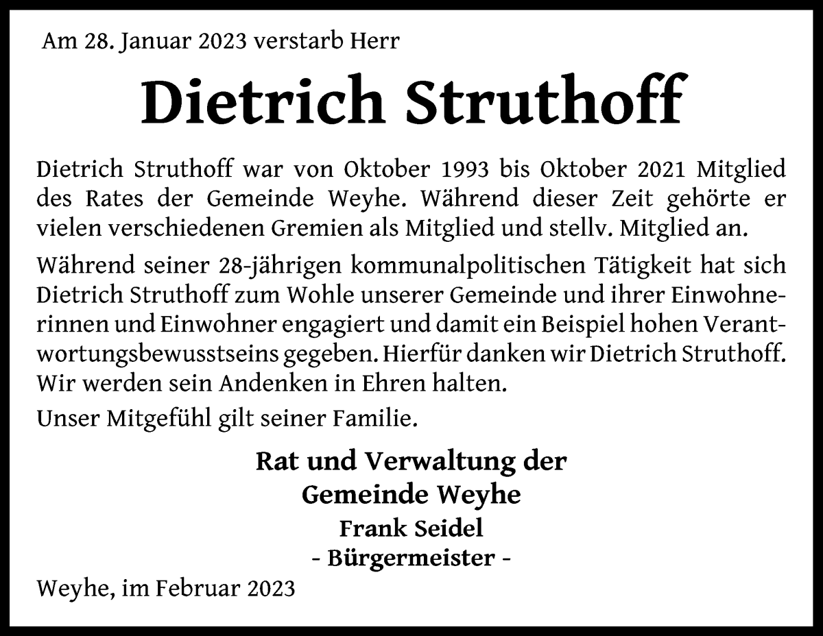 Traueranzeige von Dietrich Struthoff von Regionale Rundschau/Syker Kurier