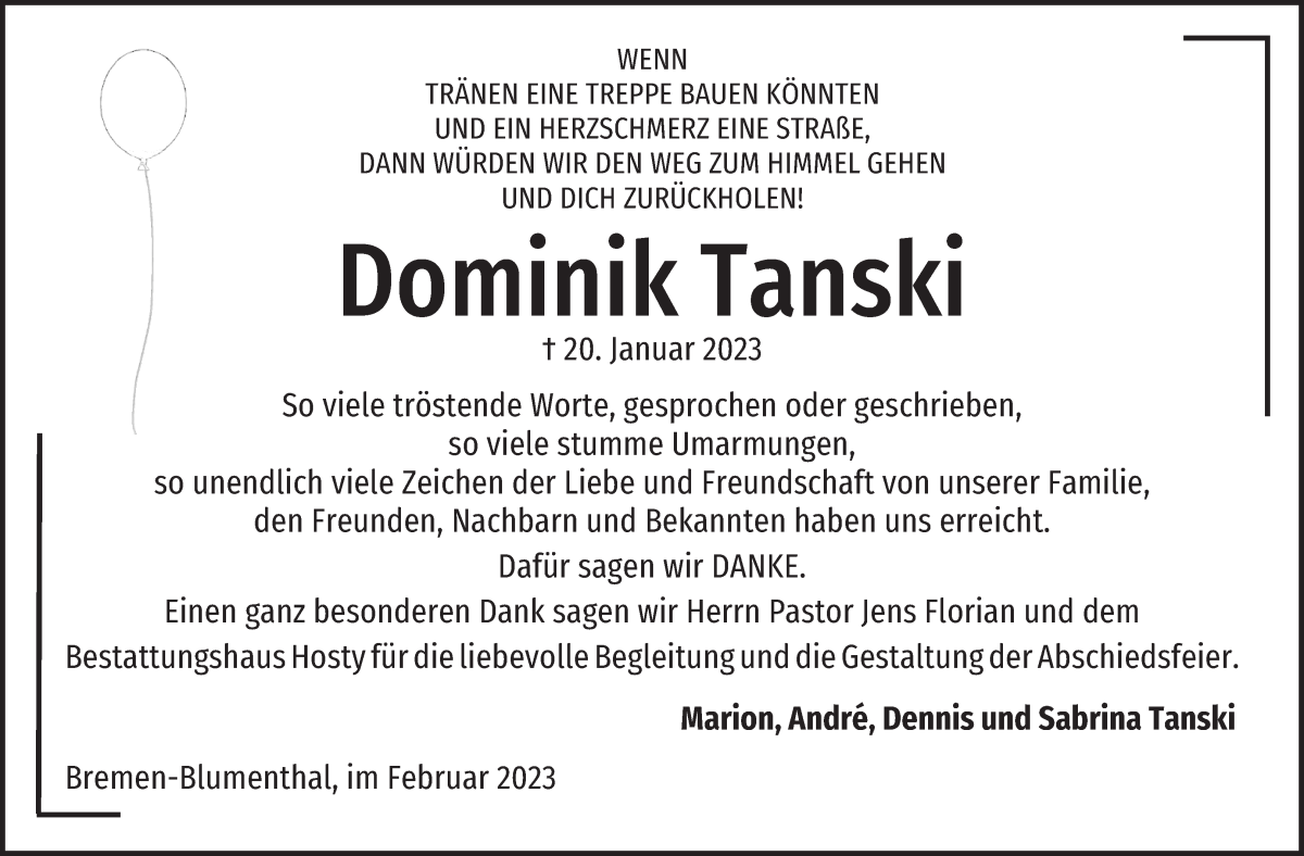  Traueranzeige für Dominik Tanski vom 18.02.2023 aus Die Norddeutsche