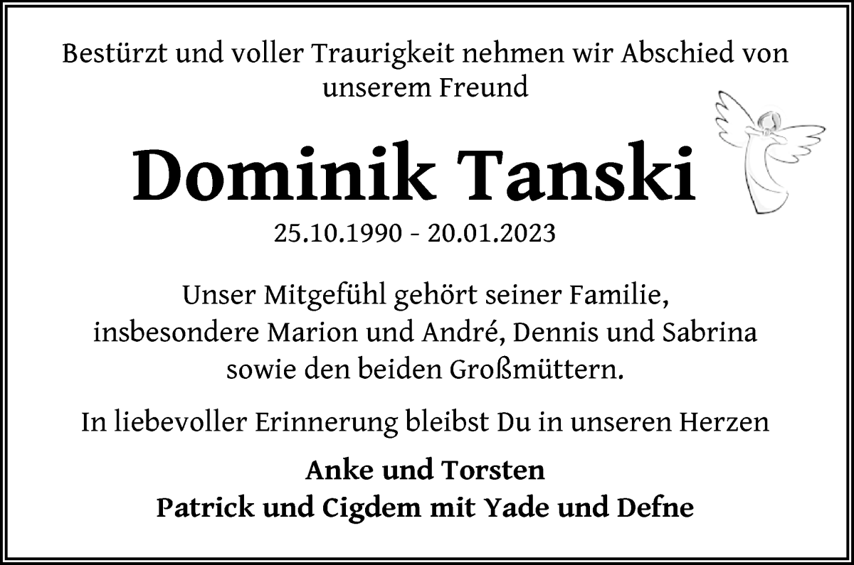 Traueranzeige von Dominik Tanski von Die Norddeutsche