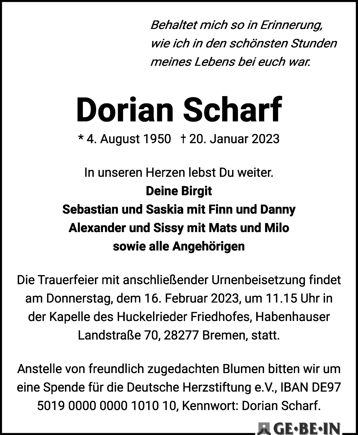 Traueranzeige von Dorian Scharf von WESER-KURIER